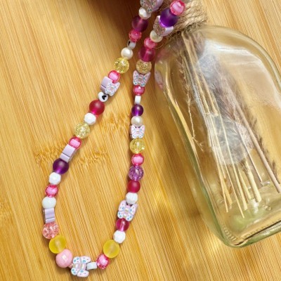 Bracelet de Téléphone avec Perles Roses et Papillons