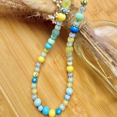 Bracelet de Téléphone avec Perles Bleues et Smileys