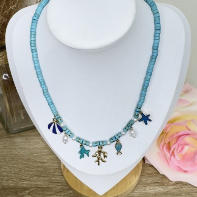 Collier Pampilles avec Perles de Heishi Bleues