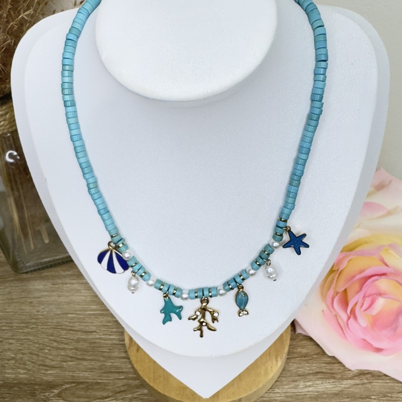 Collier Pampilles avec Perles de Heishi Bleues