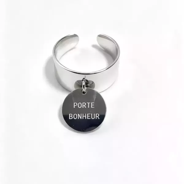 Bague ajustable médaille « Porte Bonheur » argentée