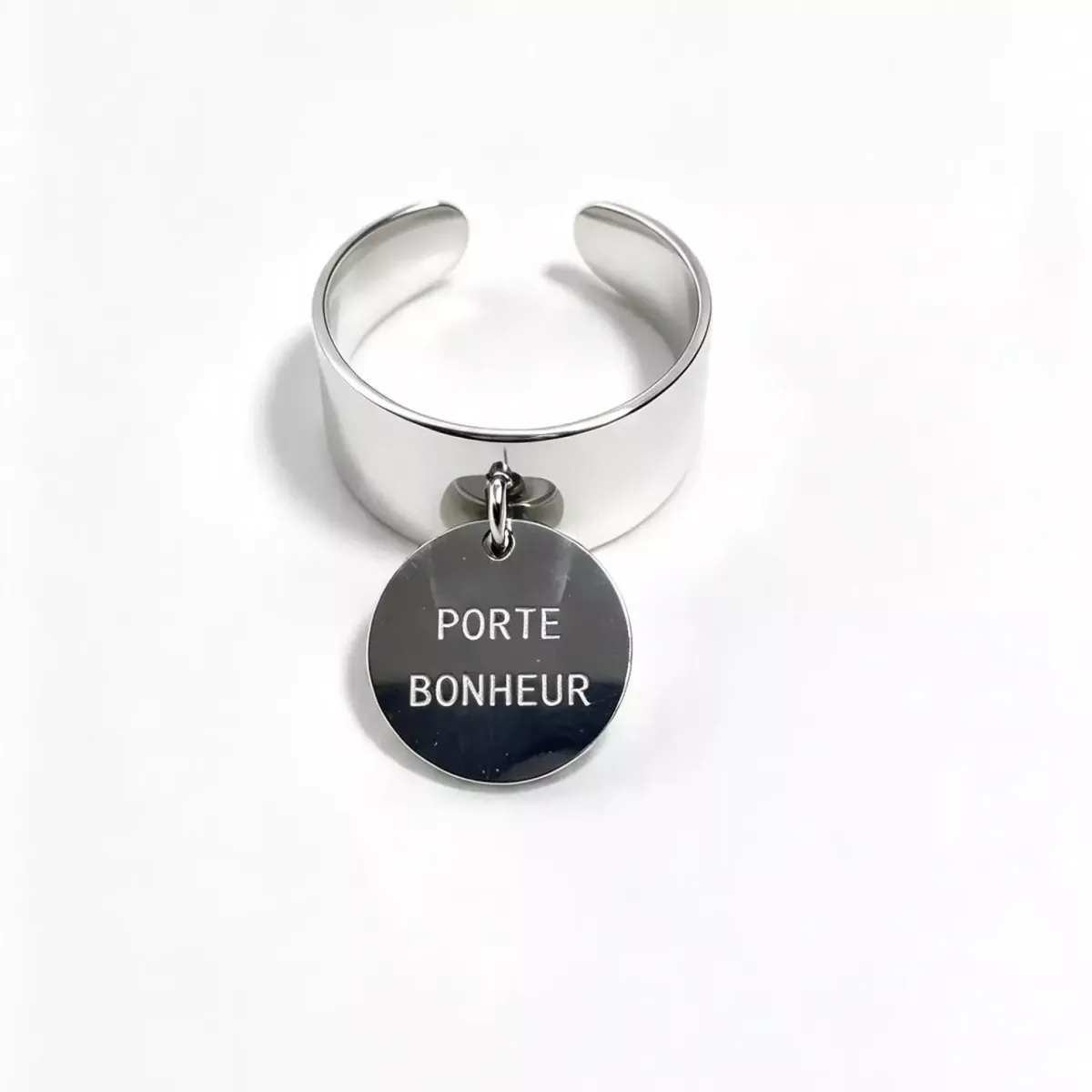 Bague ajustable médaille « Porte Bonheur » argentée