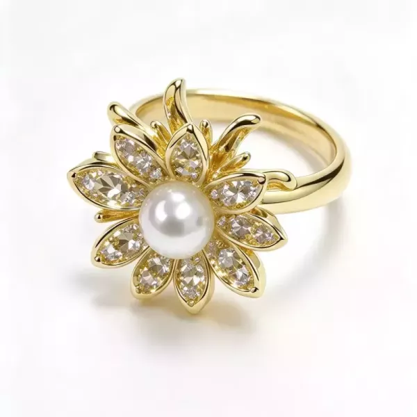 Bague fleur perle et zircons dorée