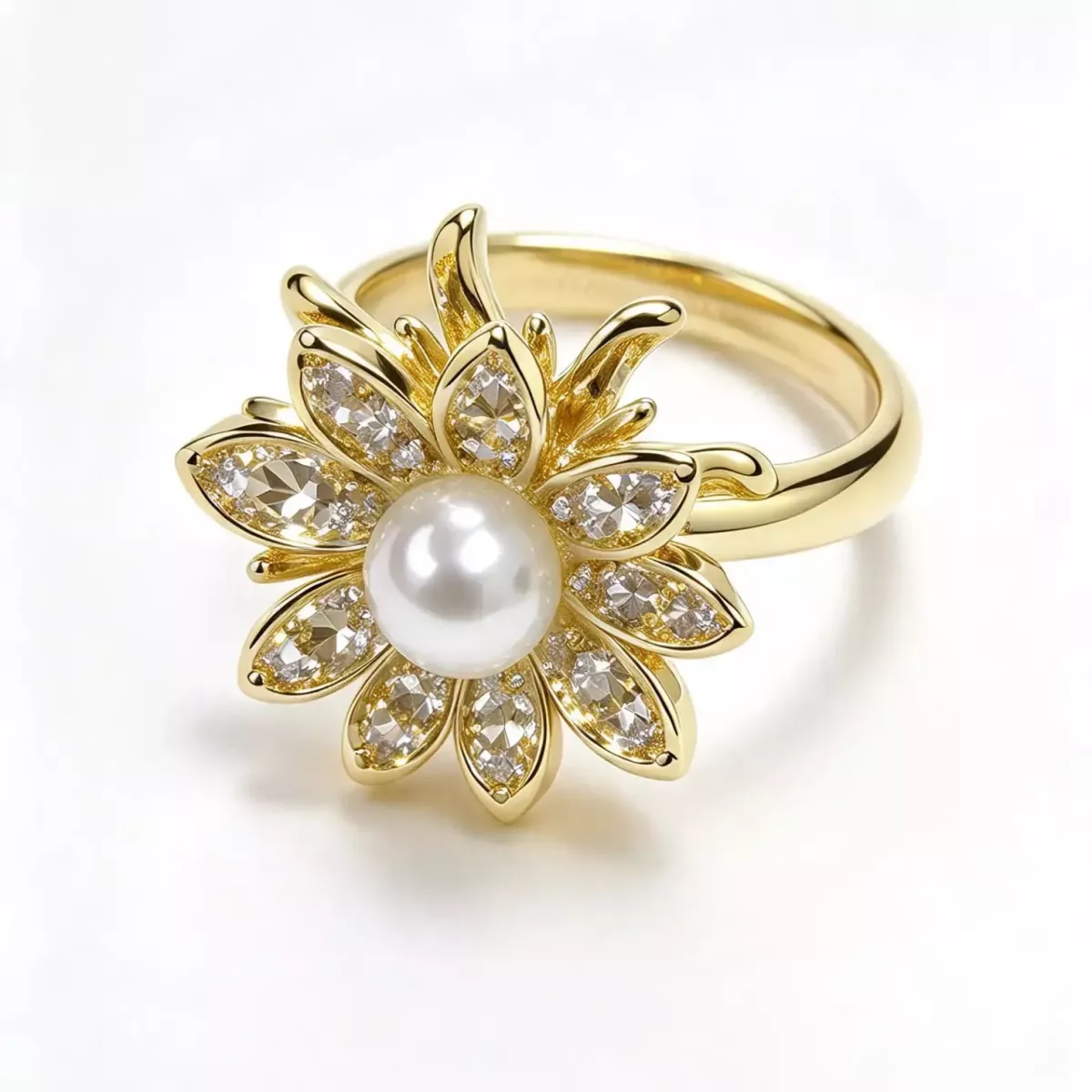 Bague fleur perle et zircons dorée