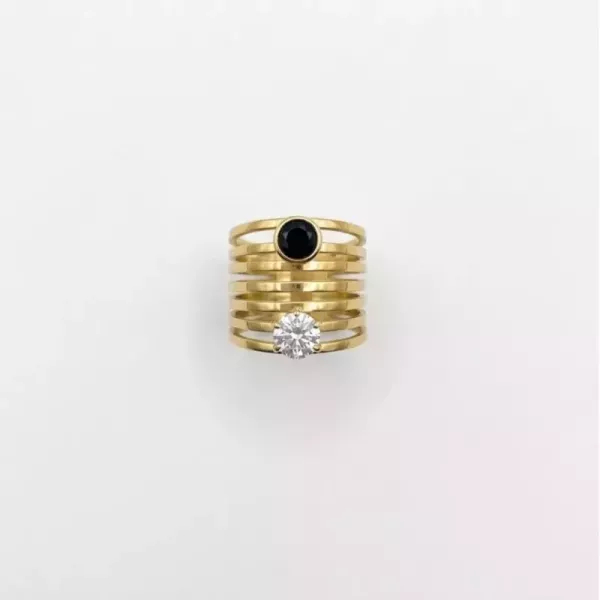Bague multirangs strass noir et blanc dorée