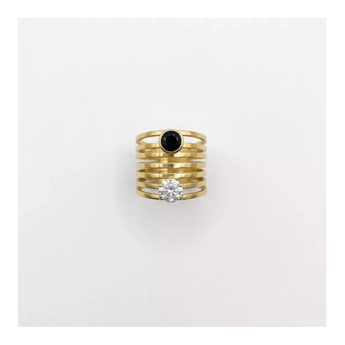 Bague multirangs strass noir et blanc dorée