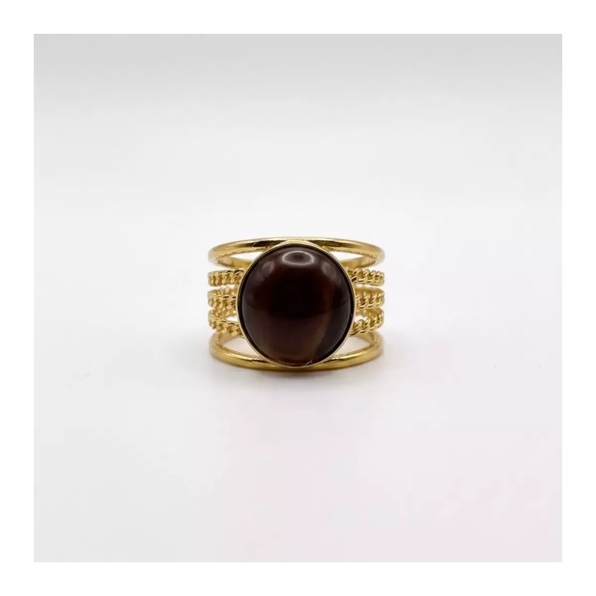 Bague multirangs cabochon brun dorée