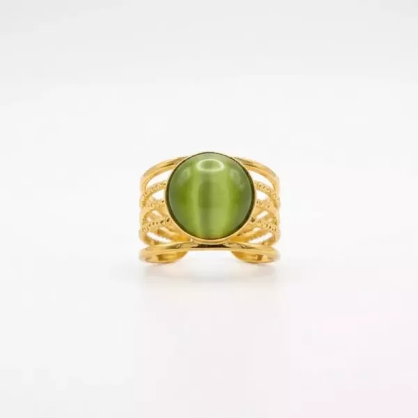 Bague multirangs cabochon vert œil-de-chat dorée