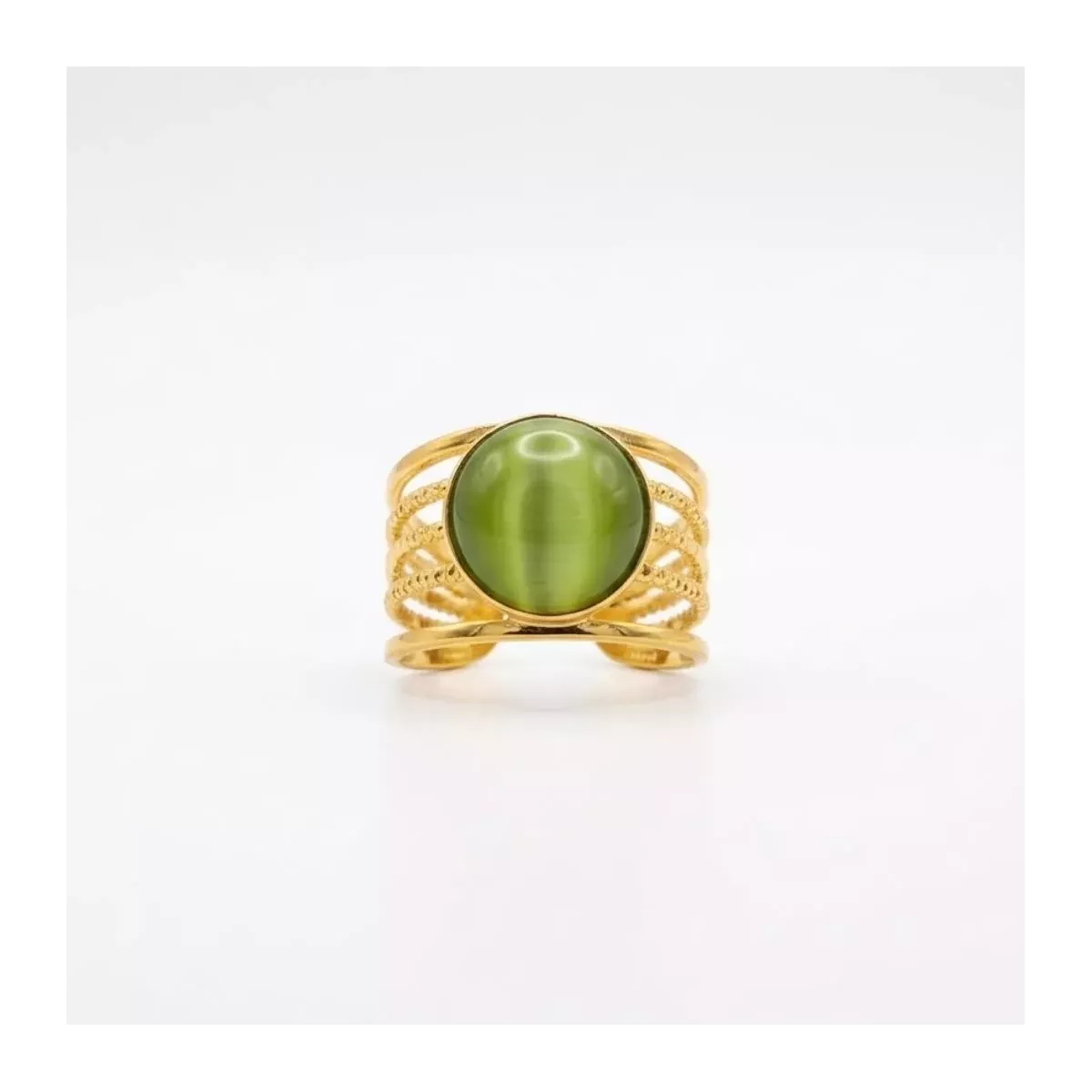 Bague multirangs cabochon vert œil-de-chat dorée
