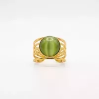 Bague multirangs cabochon vert œil-de-chat dorée