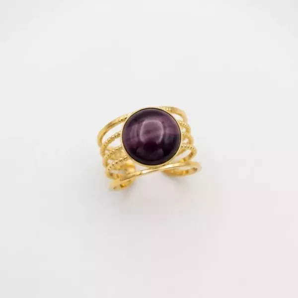 Bague multirangs cabochon violet œil-de-chat dorée