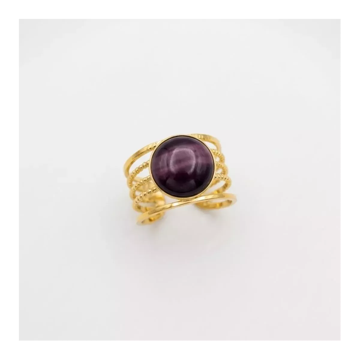 Bague multirangs cabochon violet œil-de-chat dorée