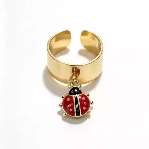 Bague ajustable pampille coccinelle dorée