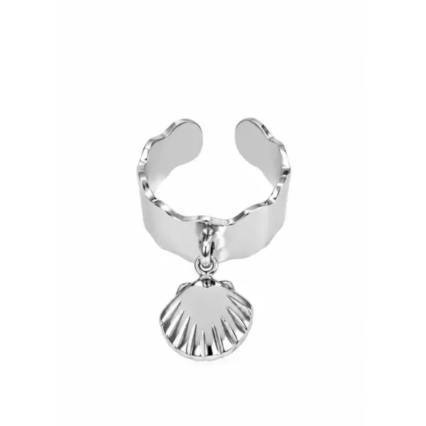 Bague ajustable ondulée pampille coquillage argentée