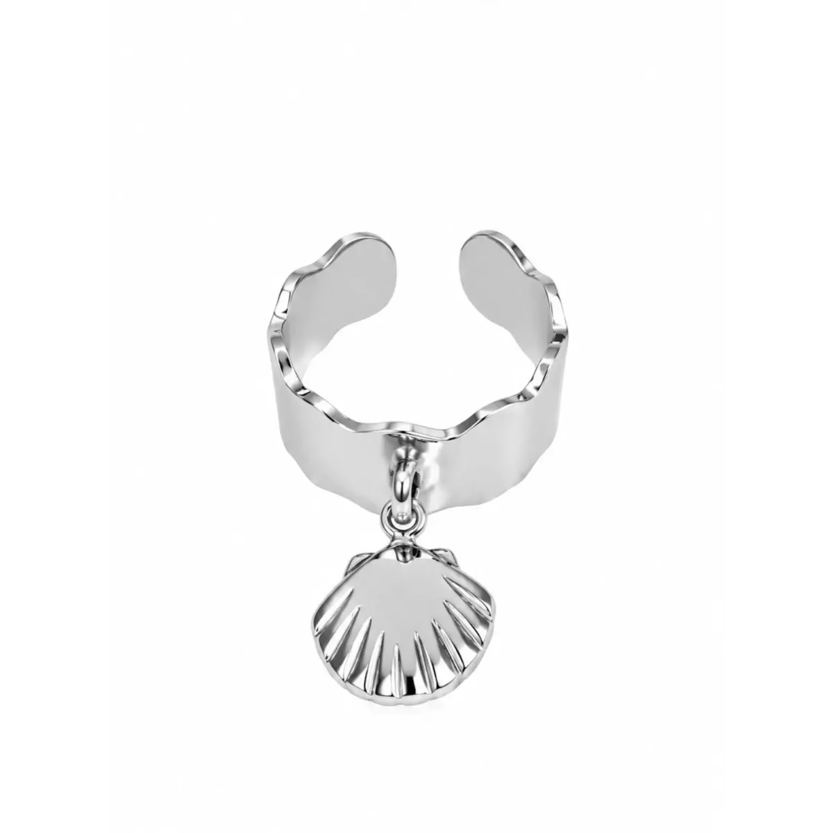 Bague ajustable ondulée pampille coquillage argentée