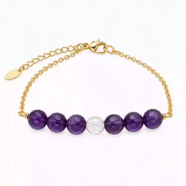Bracelet chaîne dorée perles violettes et cristal