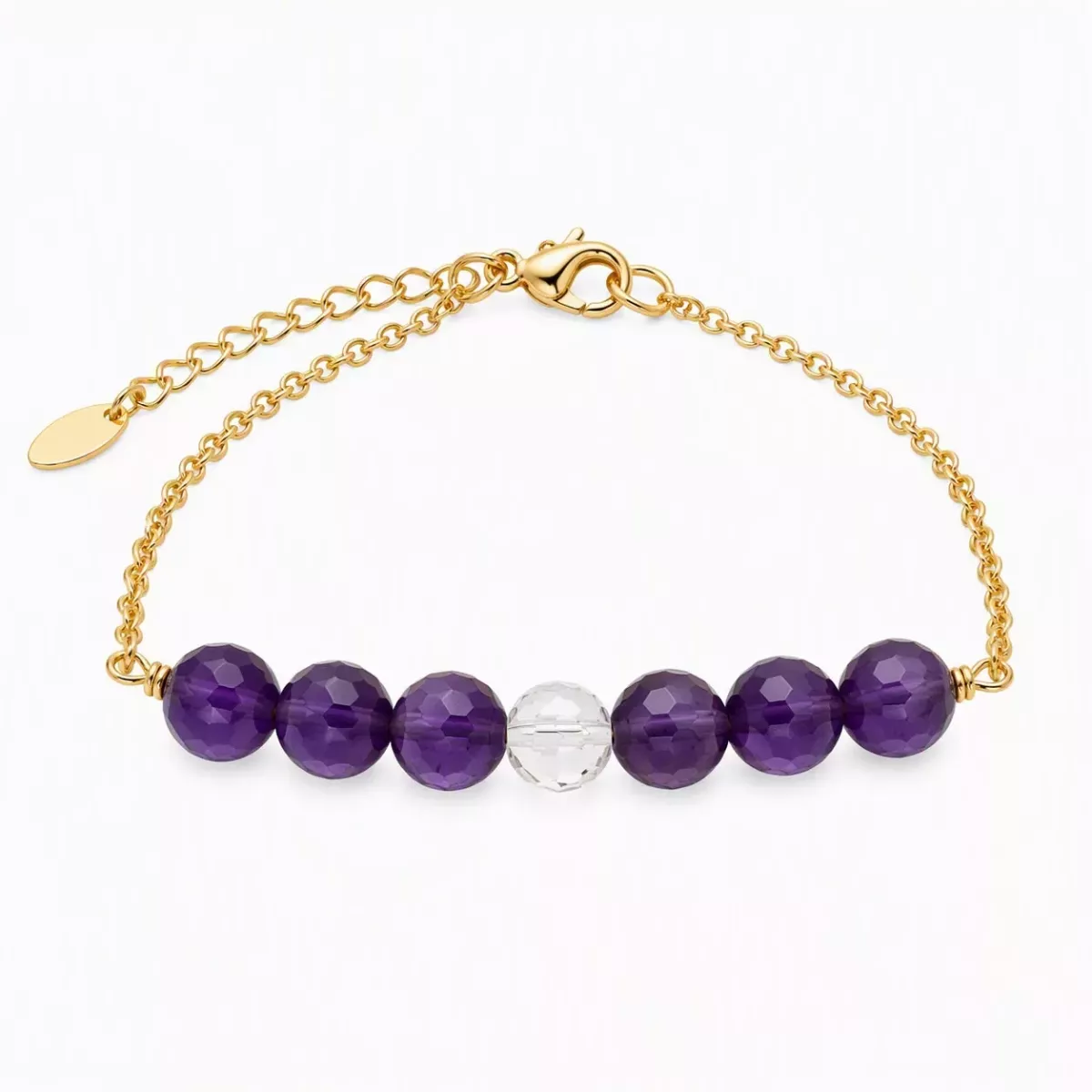 Bracelet chaîne dorée perles violettes et cristal