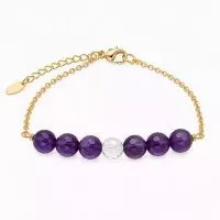 Bracelet chaîne dorée perles violettes et cristal