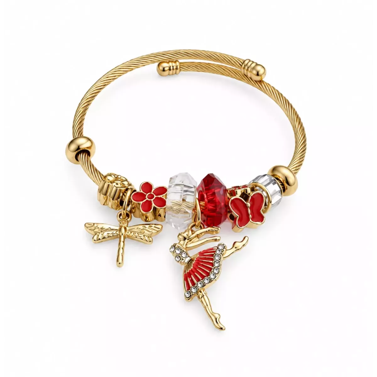 Jonc ouvert doré charms ballerine et libellule rouge