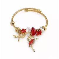 Jonc ouvert doré charms ballerine et libellule rouge