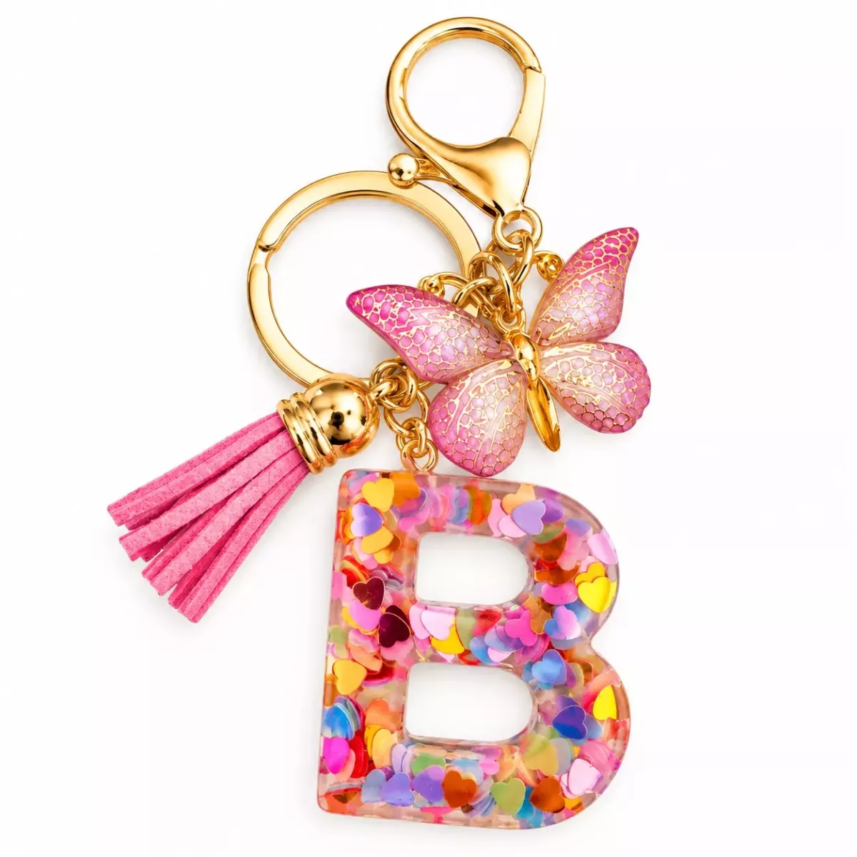 Porte-clés lettre B en résine paillettes cœurs multicolores