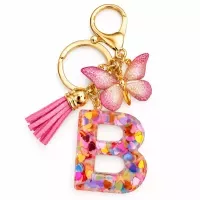 Porte-clés lettre B en résine paillettes cœurs multicolores