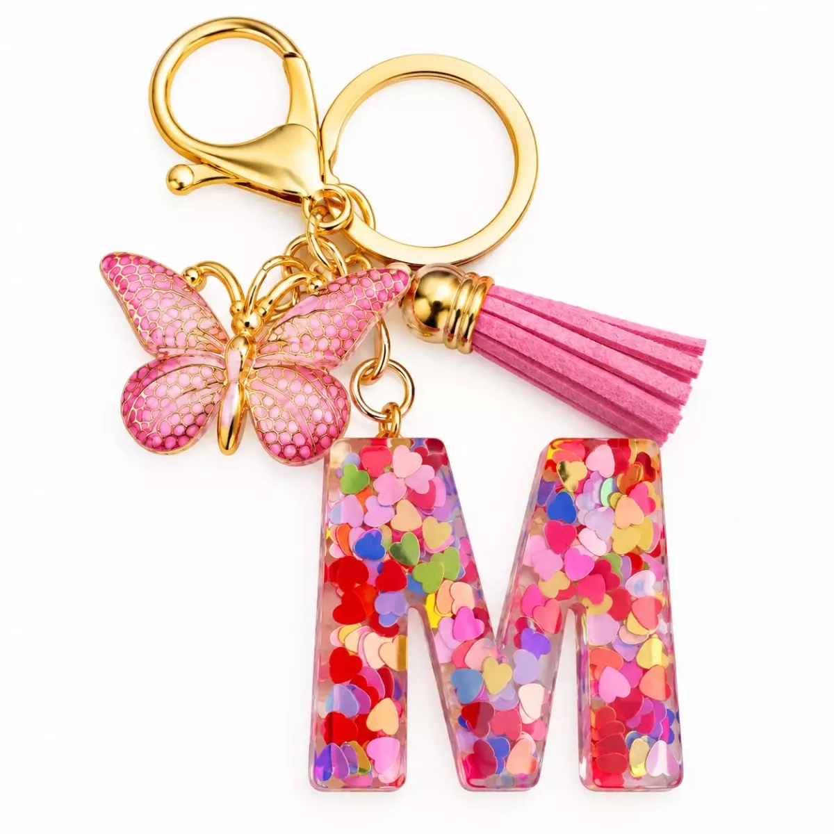 Porte-clés lettre M en résine paillettes cœurs multicolores