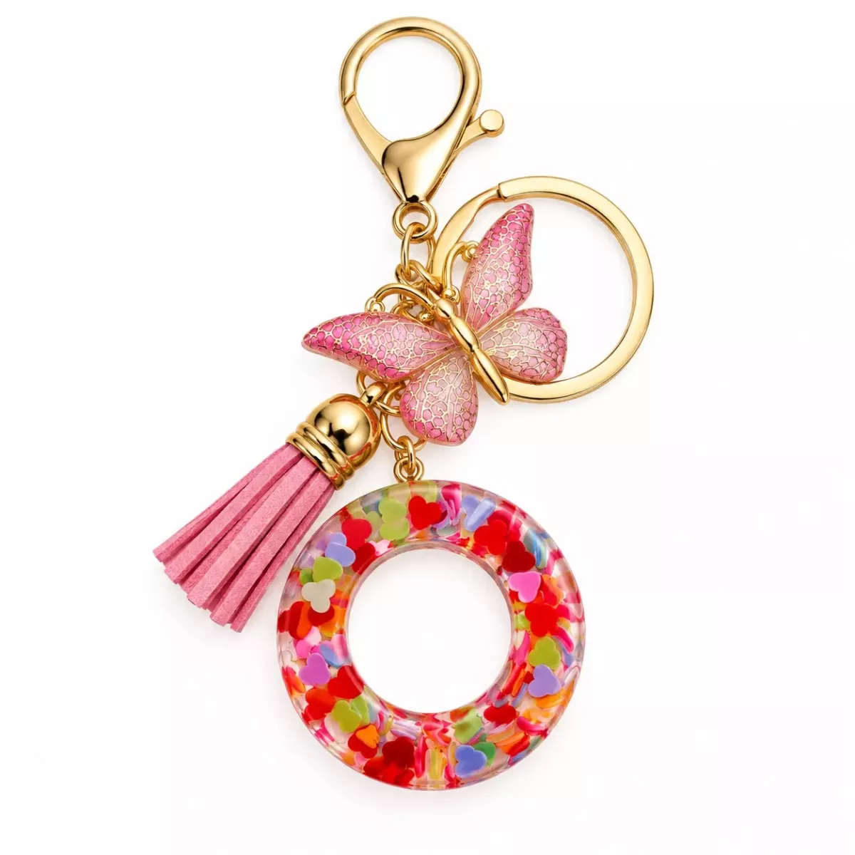 Porte-clés lettre O en résine paillettes cœurs multicolores