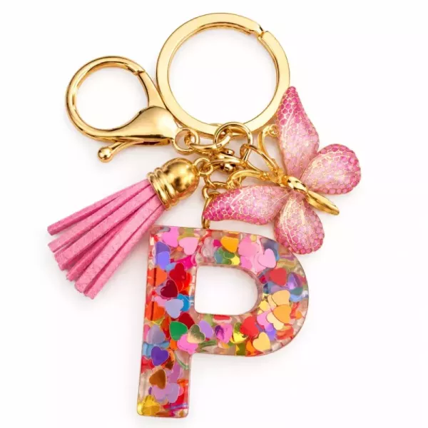 Porte-clés lettre P en résine paillettes cœurs multicolores