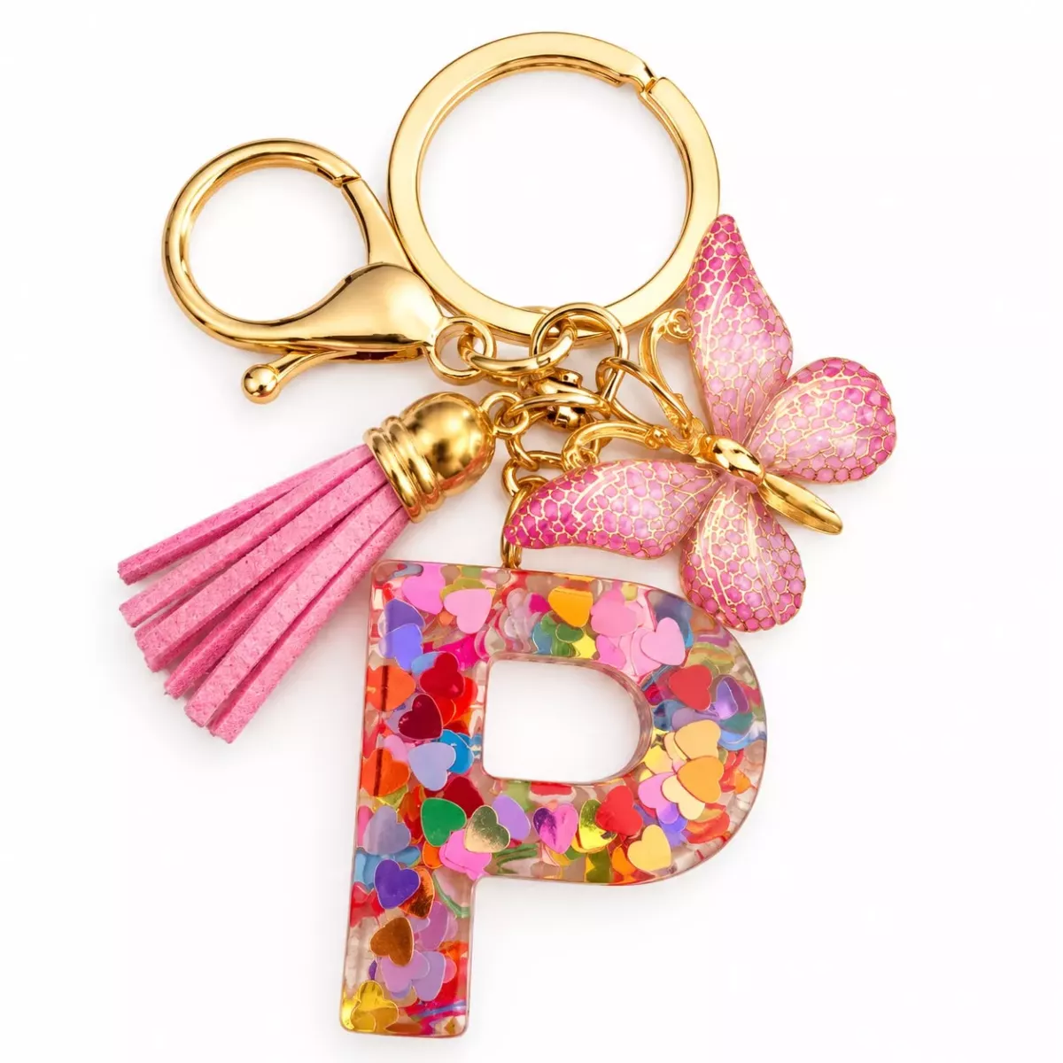 Porte-clés lettre P en résine paillettes cœurs multicolores