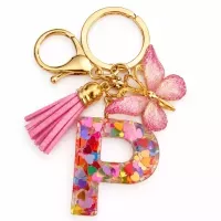 Porte-clés lettre P en résine paillettes cœurs multicolores