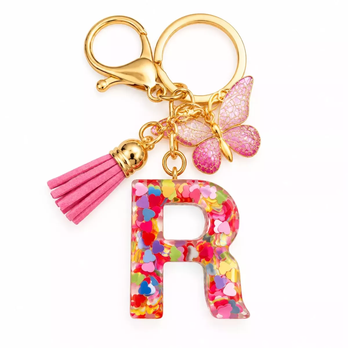 Porte-clés lettre R en résine paillettes cœurs multicolores