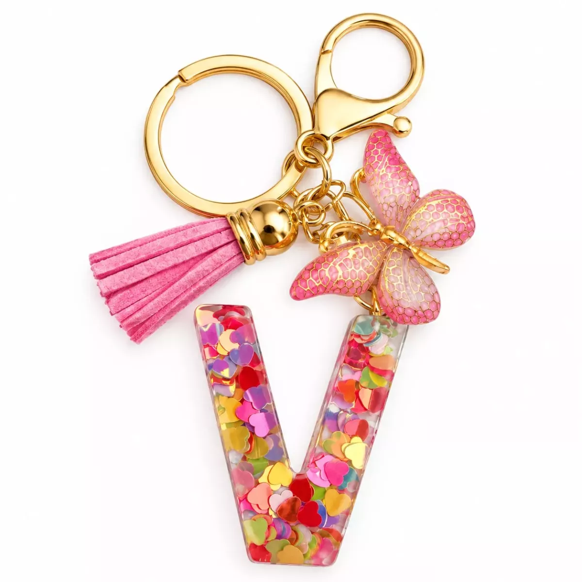 Porte-clés lettre V en résine paillettes cœurs multicolores