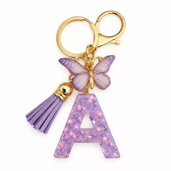 Porte-clés lettre A en résine paillettes violettes