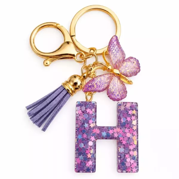 Porte-clés lettre H en résine paillettes violettes