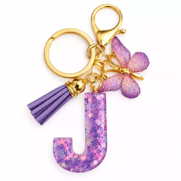 Porte-clés lettre J en résine paillettes violettes