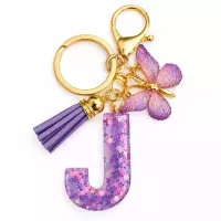 Porte-clés lettre J en résine paillettes violettes