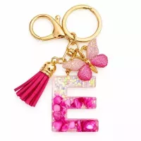 Porte-clés lettre E en résine éclats roses nacrés