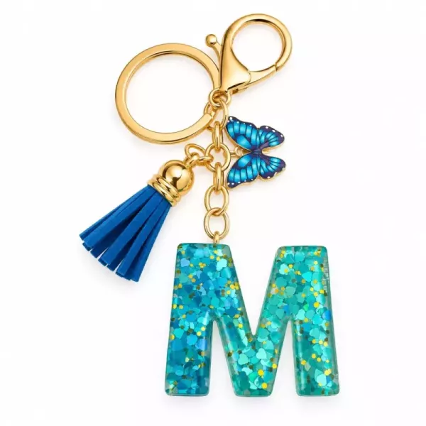 Porte-clés lettre M en résine paillettes turquoise
