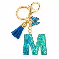 Porte-clés lettre M en résine paillettes turquoise