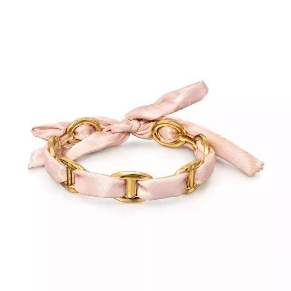Bracelet ruban satin rose poudré et maillons marine dorés