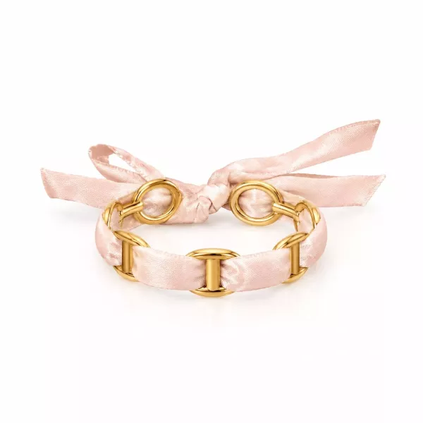 Bracelet ruban satin rose poudré et maillons marine dorés vue 2