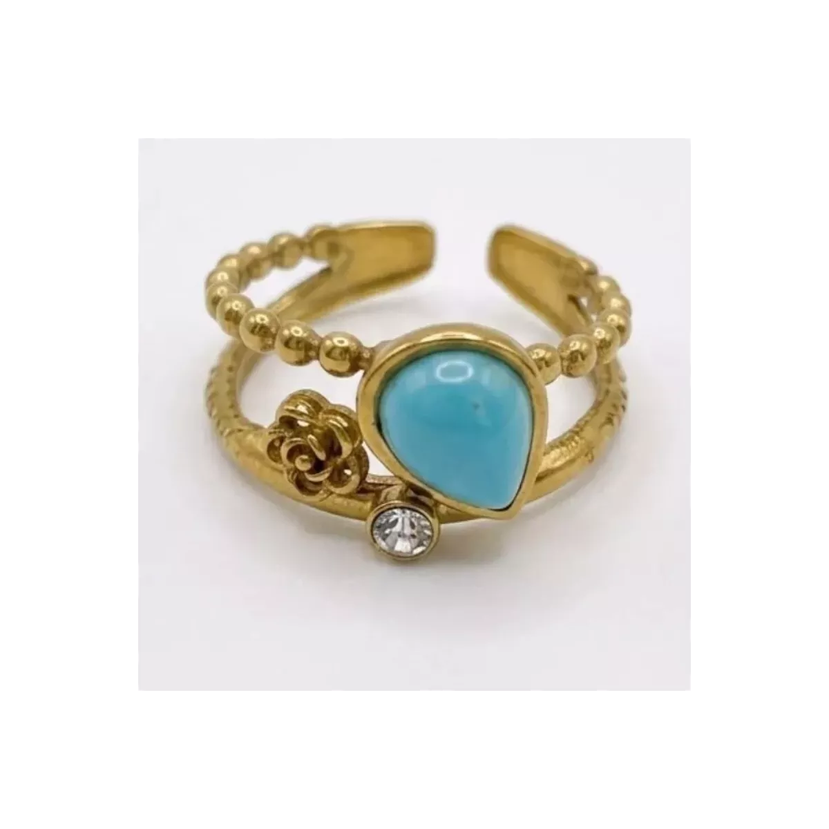 Bague ajustable double rang turquoise, rose et strass dorée