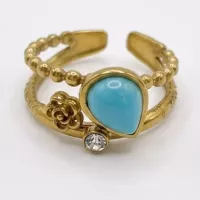 Bague ajustable double rang turquoise, rose et strass dorée