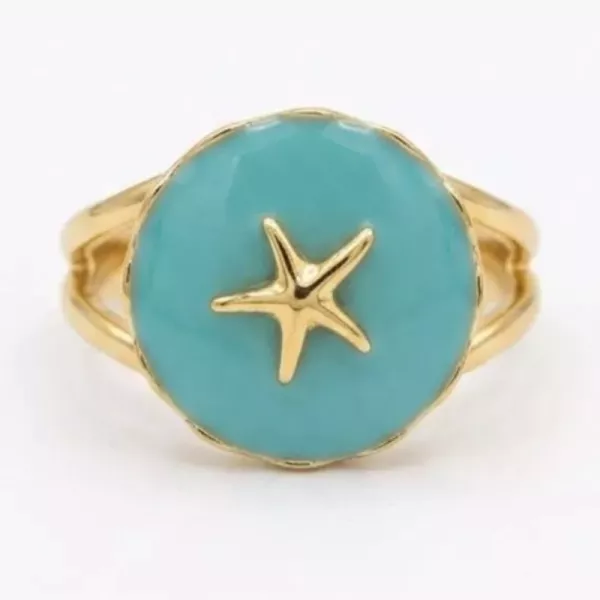 Bague médaillon étoile de mer émail turquoise dorée