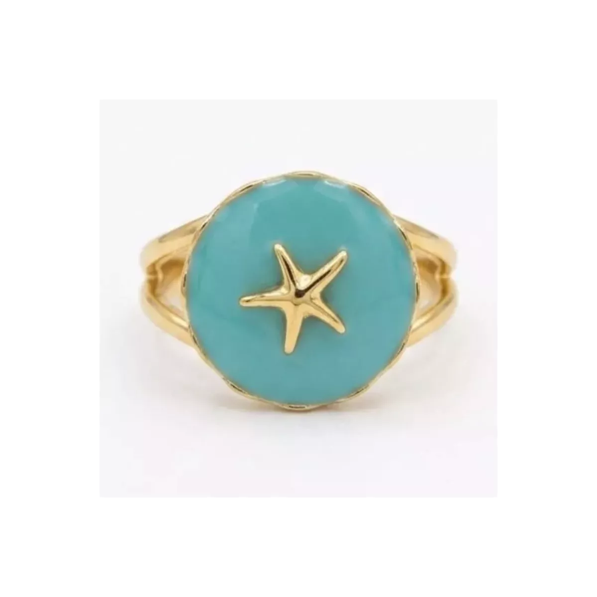Bague médaillon étoile de mer émail turquoise dorée