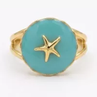 Bague médaillon étoile de mer émail turquoise dorée