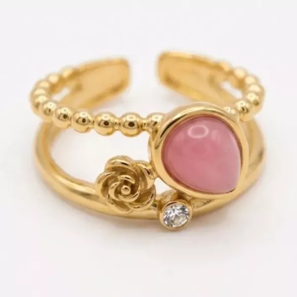 Bague ajustable double rang goutte rose, rose et strass dorée