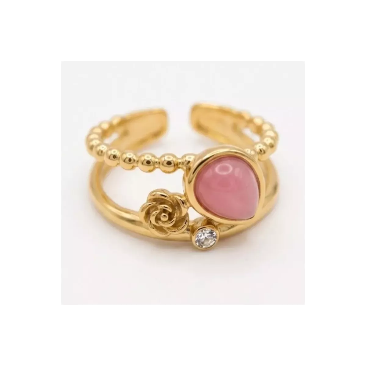 Bague ajustable double rang goutte rose, rose et strass dorée