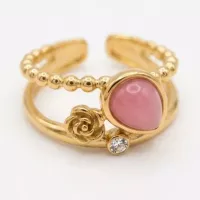 Bague ajustable double rang goutte rose, rose et strass dorée
